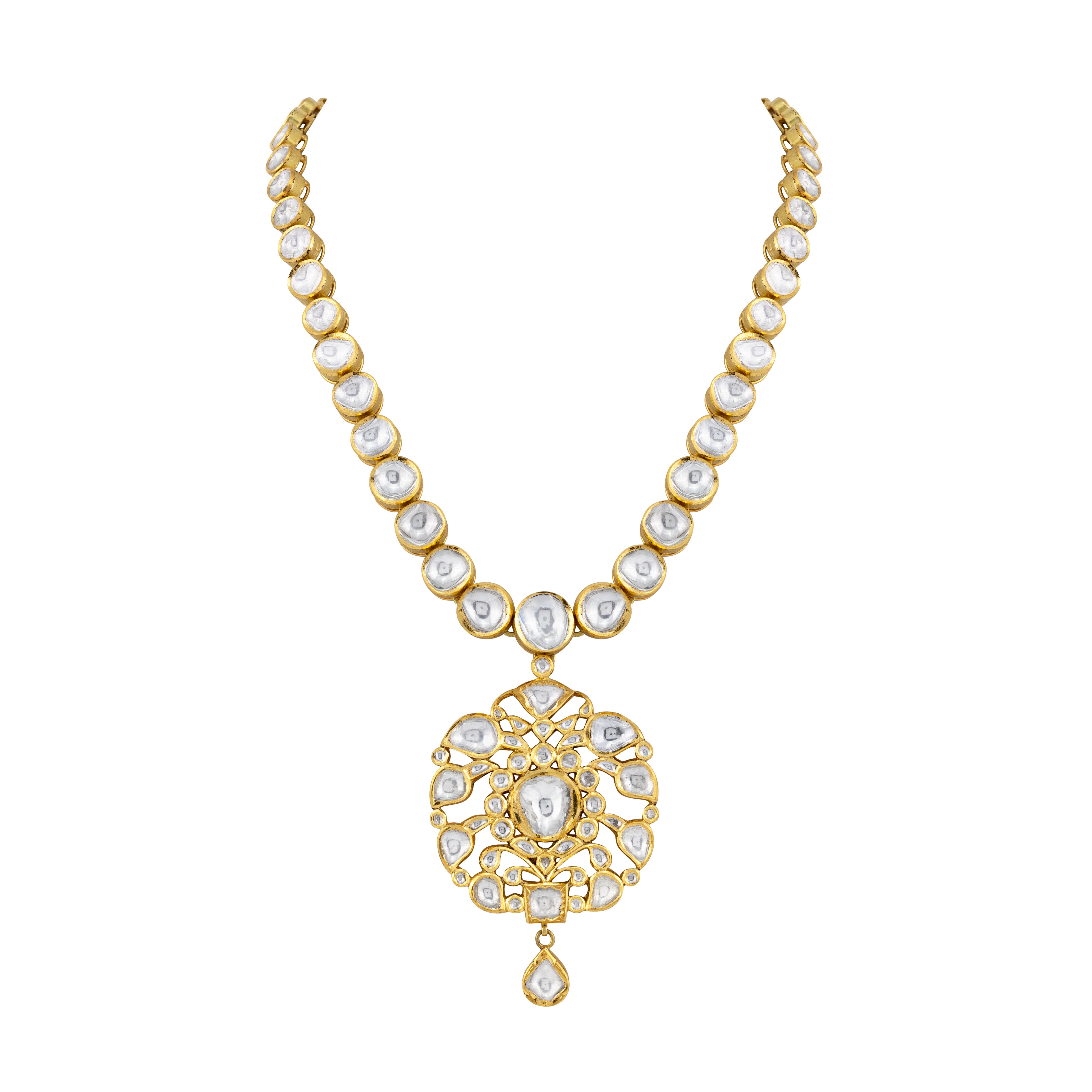 Polki Necklace with Intricate Floral Pendant